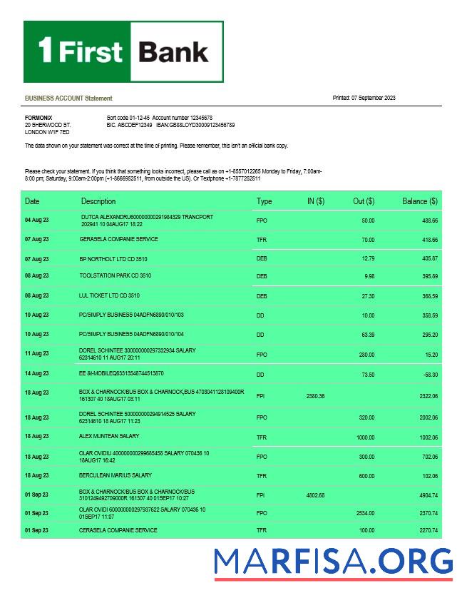 Realistic First Bancorp Bank Business statement Word and PDF template